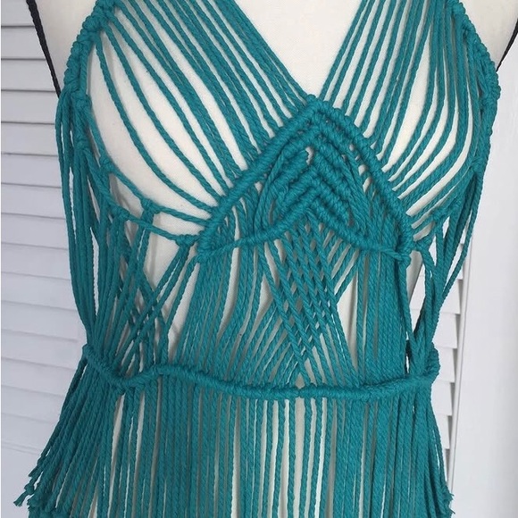 Handmade Teal Fringe Halter Beach Macrame Dress - Picture 5 of 9